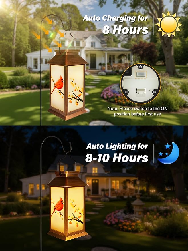 Guhope Birthday Gifts for Women Mom Grandma Men, Solar Lanterns Outdoor Waterproof Hanging Garden Decor with Cardinal Pattern Outdoor Solar Lights for Garden Lawn Yard Patio Porch (Cardinal)