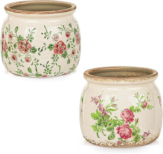 Sungmor Set of 2 Farmhouse Ceramic Planters with Drainage Hole,Vintage Crackle Glaze Flower Pots, Tuscan Decor Pots for Indoor/Outdoor Herbs,Succulents and Small Flowers