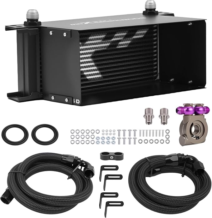 maXpeedingrods 16 Row Oil Cooler Kit, 10AN Transmission Engine Cooler British Radiator Universal Aluminium Black, Banjo Fittings Oil Filter Sandwich Adapter, Air Guide Kit and Oil Cooler Hoses