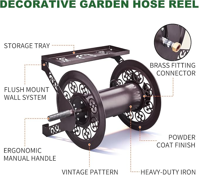 Outvita Wall Mounted Garden Hose Reel, Holds 175 ft 5/8-inch Hose, Manual Water Hose Holder Winder, Decorative Heavy-Duty, Space Saving, Easy Assmbly, for Yard Lawn Garage Backyards (Brown)