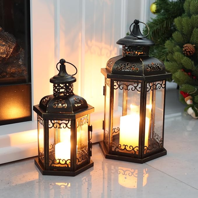 Large Lantern Decorative Outdoor & Indoor, Set of 2 (15’’&11’’) Metal Candle Lanterns Decor, Vintage Hanging Candle Holder for Front Porch Patio Wedding Farmhouse Home, Spring Decoration