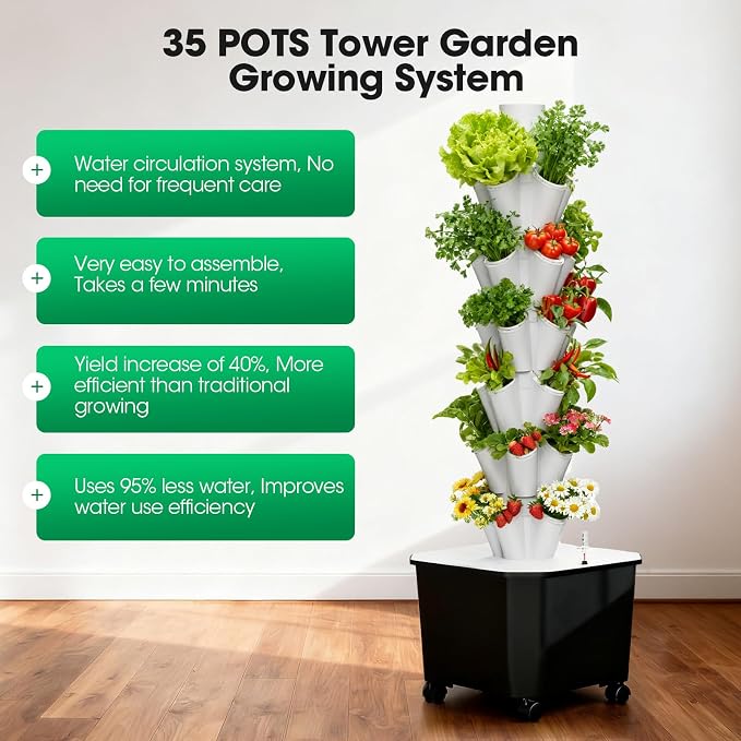Vertical Hydroponic Tower,7Layer 35 Pods Tower Garden Growing System with 12V Water Pump& 24h Smart Timer,BPA-Free Modular Indoor/Outdoor for Hydroponic Gardening Lovers Planting Vegetables.45inch