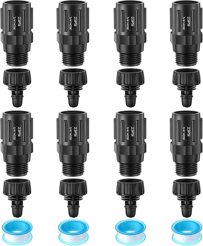 8 Set Drip Irrigation Faucet Adapter Kit, 25 PSI Garden Hose Pressure Regulator, 1/4'' Drip Irrigation Tubing to 3/4'' Faucet, Plumbing Tape