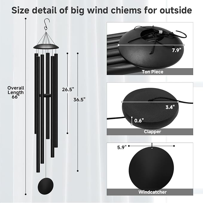 66" Extra Large Wind Chimes for Outside Deep Tone, 6 Thick and Bold Aluminum Tubes Tuned Relaxing Melody Wind Chime, Big Wind Chimes for Garden Patio Decor, Great Gift Idea for Mother's Day (Black)