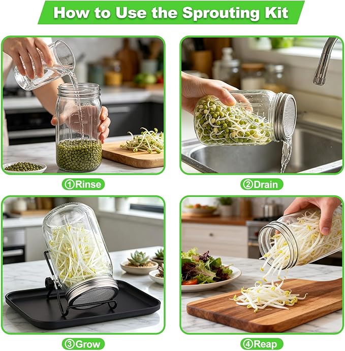 Sprouting Jar Kit 4 PCS 1000ml(35oz) Wide Mouth Mason Jars with 304 Stainless Steel Sprout Lids Drain Tray Stainless Steel Stand Cleaning Brush Sprouts Growing Kit for Bean, Broccoli, Alfalfa