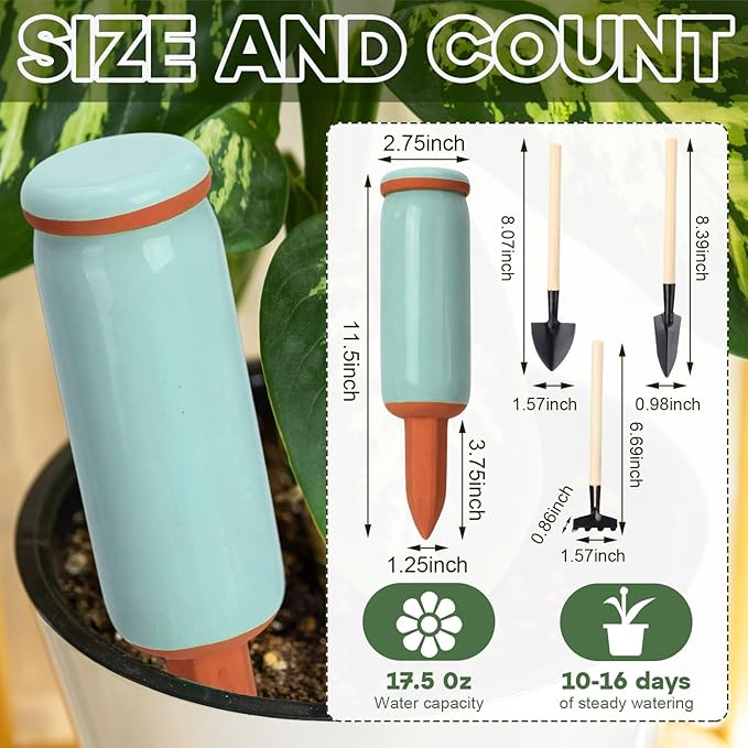 2 Pcs Large Terracotta Watering Spikes Set with Lids 17.5 oz Plant Watering Devices with Mini Shovel Self Water Spikes Plant Globes Insert Gardening Tools for Indoor Outdoor