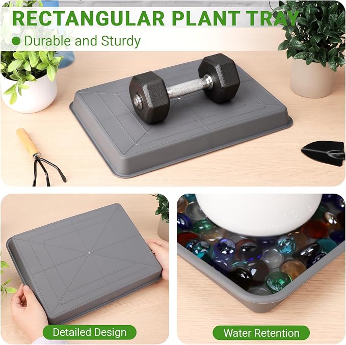 GREANER 13 Inch Plant Trays, Grey Pebble Tray for Plant Humidity, Rectangular Planter Saucers for Indoor Outdoor Plants(Pack of 3)