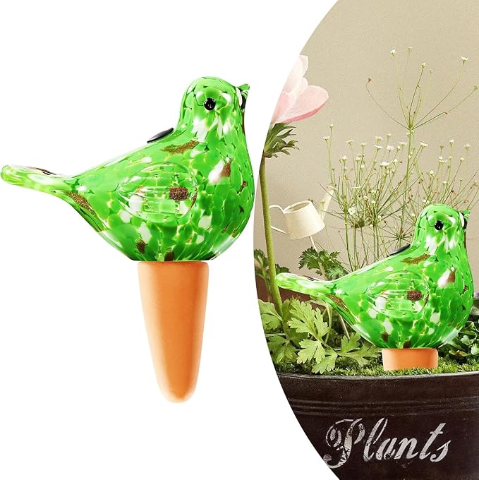 Plant Watering Globes, Bird Glass Self Watering Planter Insert - for Indoor & Outdoor Plants - Glass Plant Water Globes for Daily Use, Planter Spikes to Support Indoor & Outdoor Plant Health, Green