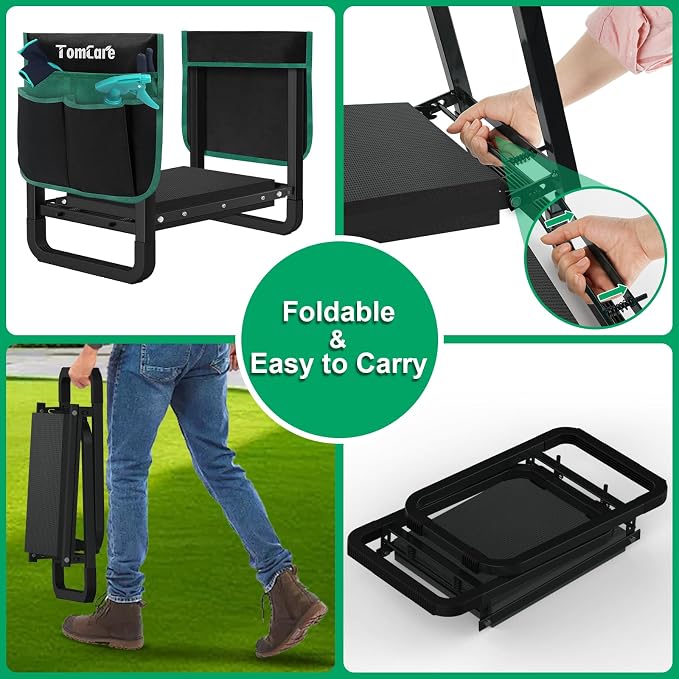 TomCare Garden Kneeler and Seat 11.14” Wider Larger Soft Kneeling Pad Garden Bench with 2 Large Tools Pouches Heavy Duty Foldable Garden Stool Gardening Gifts for Women Men Gardeners Seniors, Black
