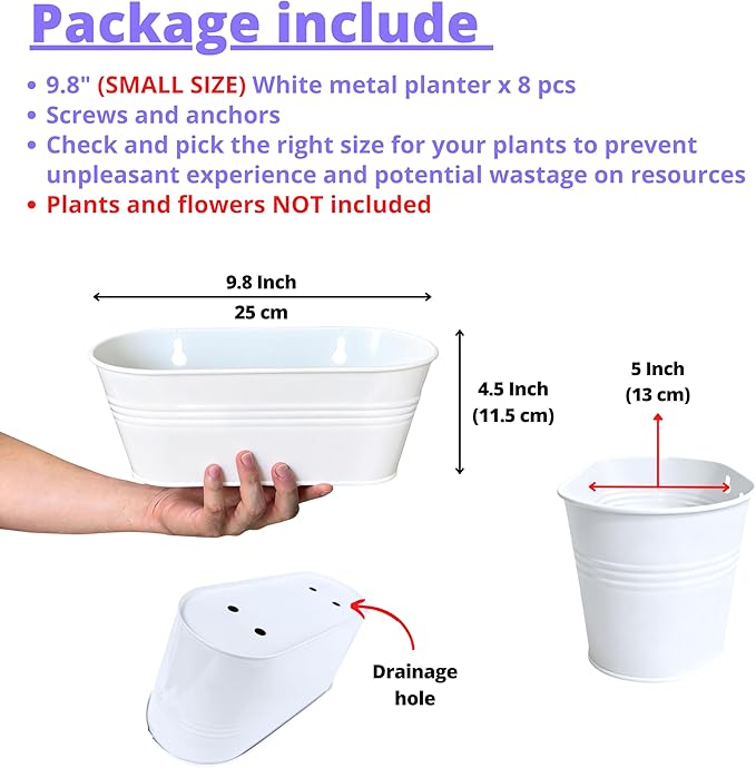 LaLaGreen Wall Planter (9.8 Inch, 8 Pack) White Oval Metal Wall Planters for Indoor Plants Hanging Decor Plant Holder Home Pots Mounted Garden Flower Balcony Decoration Porch Drainage Pot Baskets