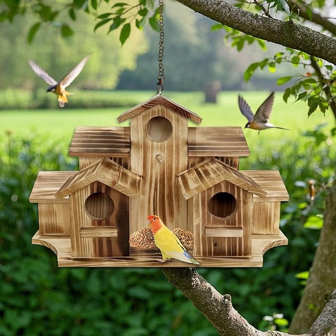 Wooden Bird House for Outside, 7-Compartment Large Birdhouse Castle with Perches, Weatherproof Burnt Wood Hanging Bird Nest for Garden Patio, Decorative Bird Shelter for Bluebird, Finch, Sparrow