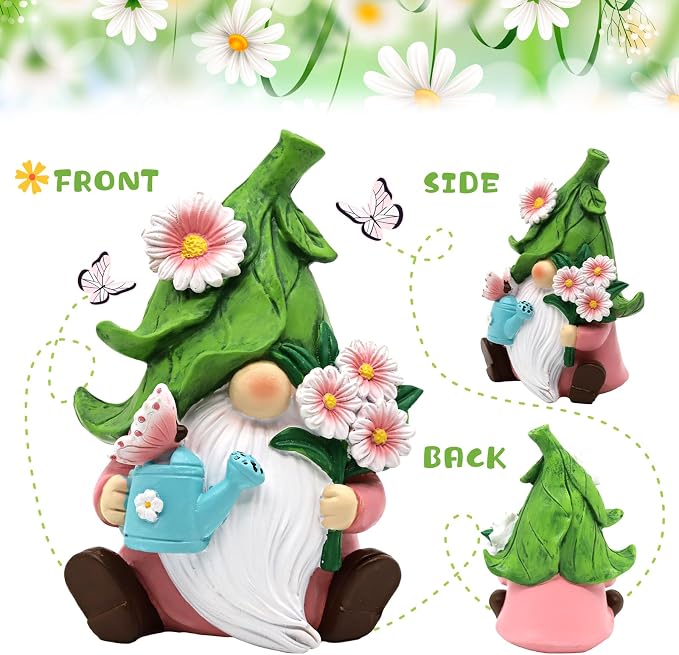 Summer Garden Gnome Decor, 5.9in Resin Daisy Floral Gnome Decorations for Home Indoor Outdoor, Retirement Gifts for Women