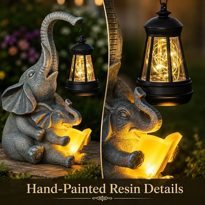 Candieslife Solar Elephant Garden Statue with Lantern, Outdoor Resin Elephant Figurine Lights for Yard Patio Porch Lawn, Weather-Resistant Garden Decor Sculpture, Gifts for Mom Women Grandma