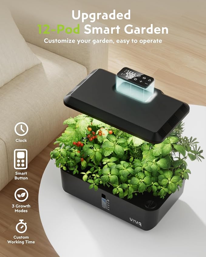 URUQ Indoor Hydroponics Growing System Kit 12 Pods Gardening System Herb Garden Custom Time with LED Grow Light Height Adjustable Quiet Plants Germination Kit - Gardening Gifts for Women Men Black