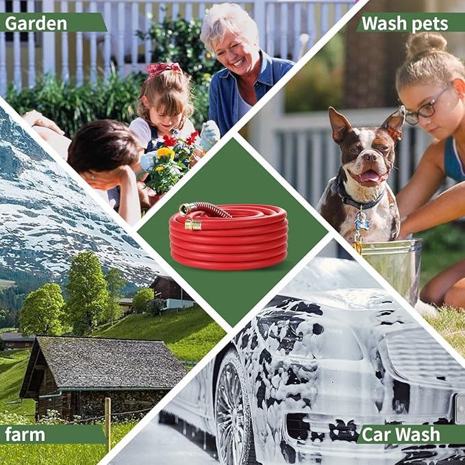 Guitrees 25FT 5/8 Heavy Duty Rubber Garden Hose - 300psi Working, 1000psi Burst - Hot/Cold Water - Five-Layered Braiding for Durability - Versatile for Gardening, Agriculture, Construction(Red)