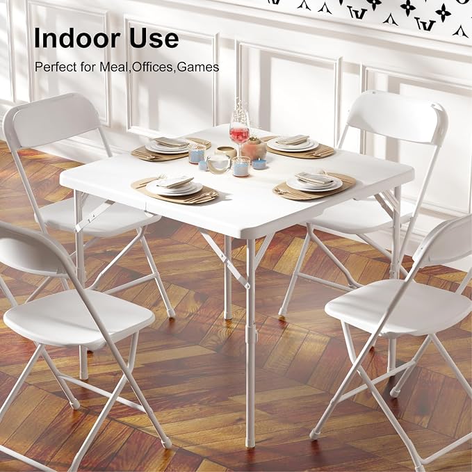 34" Folding Table, Portable Square Folding Card Table, Picnic Tables with Collapsible Legs & Carrying Handle (White, 1 Pack)