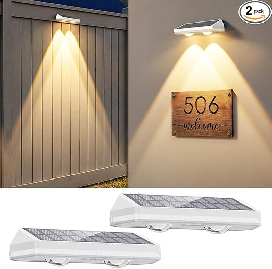 Solar Fence Lights Outdoor ,3000/4500/6000K 13 Mode, 2 Pack Fence Lights Solar Powered with Ultra-Bright Lens IP65 Waterproof,Solar Wall Light for Backyard/Step/Patio/Deck/Stair/Railings(White)