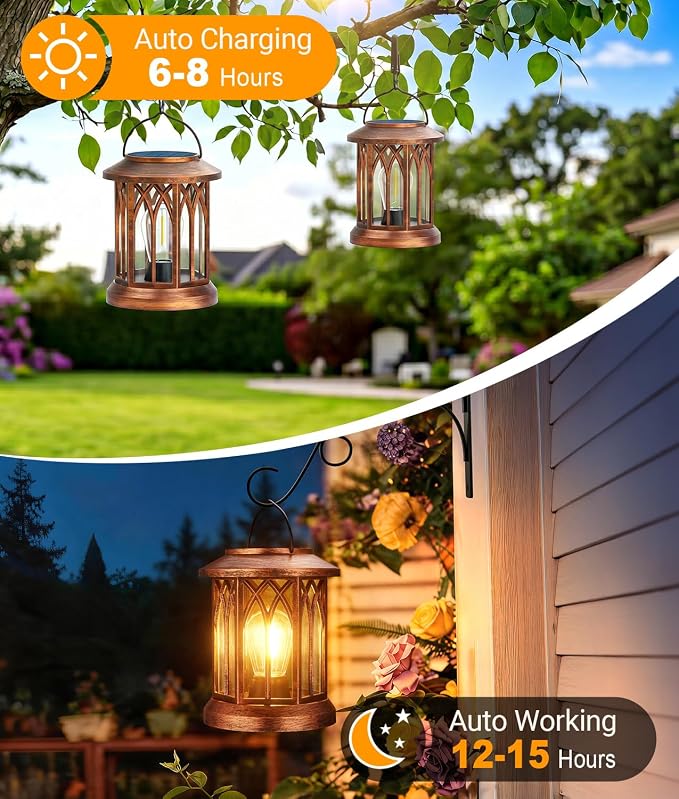 Solar Lanterns Outdoor Waterproof 4 Pack, Upgraded Solar Lantern Outdoor Lights with Metal Hooks Kit, Hanging Solar Lights for Outside Decorative Patio Yard Path Porch Garden Decor(Copper)