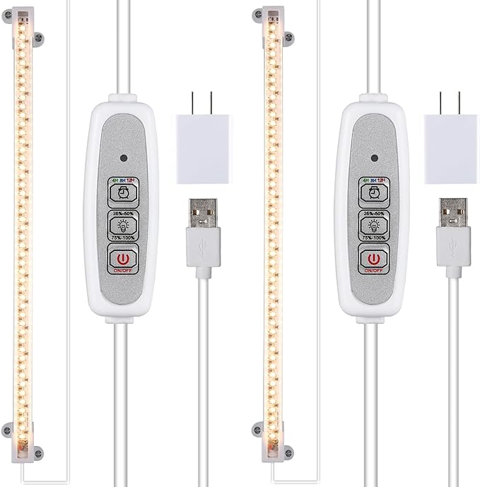 RWNTAO One Strip Growing Lamp 2-Pack, Full Spectrum LED Grow Light Strips for Indoor Plants with Auto ON/Off Timer & 4 Dimmable Levels for Green House Hydroponics Succulent (One Head 2 Pack)