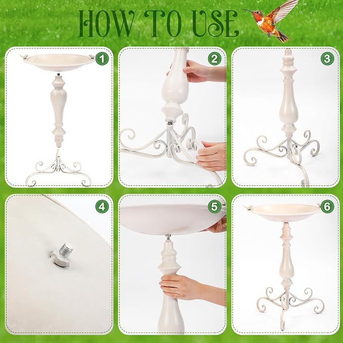 Newtay 27.25" Ornate Metal Pedestal Style Birdbath with Cast Iron Vintage Birds Baths for Outdoors on Rim Full Base Standing Bird Bath Tray for Garden Yard Decoration Not Easy to Rust (Beige)