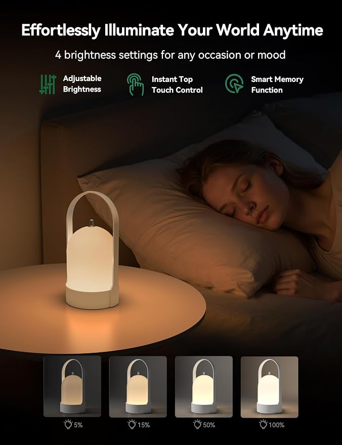 Tubicen Rechargeable Table Lamp Portable 4000mAh Battery Operated Lamp Camping Lantern 4-Level Touch Dimmable Cordless LED Table Night Lamp for Bedroom Dining Room Kitchen Balcony Restaurant