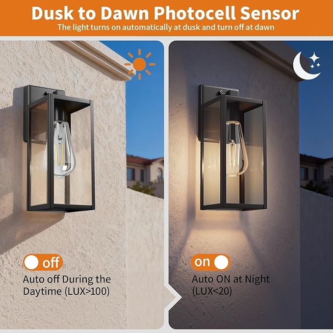 15'' Dusk to Dawn Outdoor Porch Lighting Fixtures Wall Mount, Sensor Exterior Wall Light for House, Ouside Lantern Lamp, Waterproof Wall Sconce Lights, Black Metal Coach Light for Garage Entryway