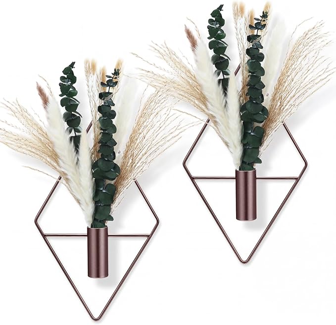 Canlierr 4 Pcs Bronze Wall Decor Hanging Planters with Artificial Plants Eucalyptus Pampas Grass Metal Hanging Vase Indoor Plants Holder Modern Boho Wall Art for Bathroom Bedroom Living Room Decor