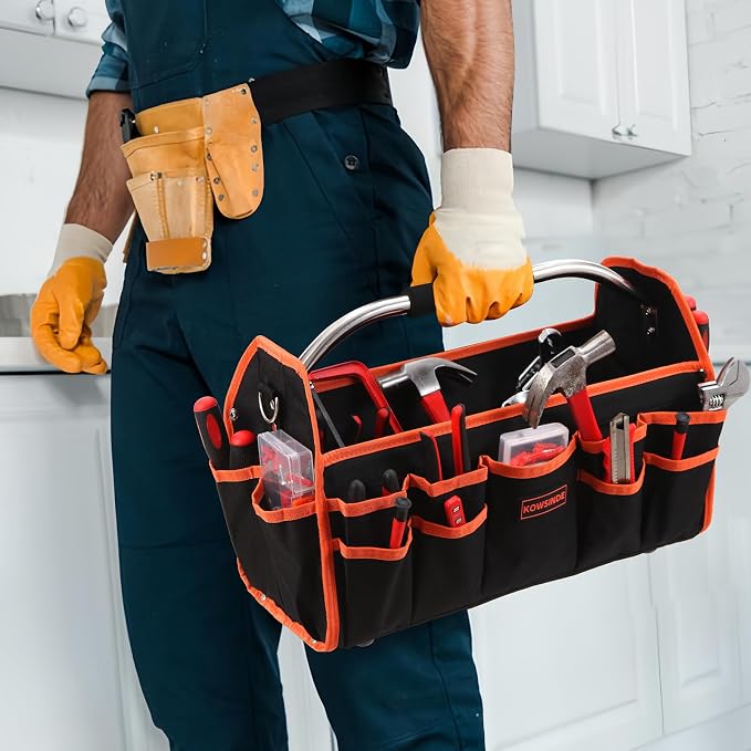 Kowsinde 16 Inch Tool Bag, Electrician Tool Bag, Open Top Tool Bags, 26 Pockets Can Hold Many Tools, Steel Handle and Removable Shoulder Strap