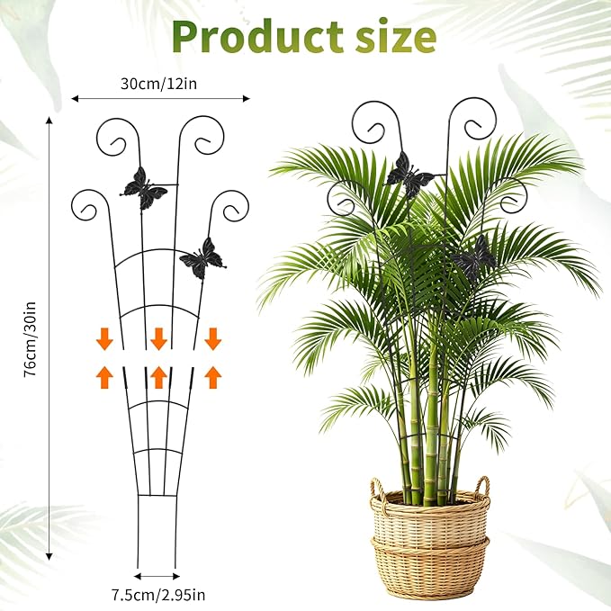 2 Pack 30 Inch Metal Plant Trellis for Indoor Outdoor Climbing Plants, Easy Assembly with Adjustable Height, Unique Design for Monstera Pothos Hoya, Small Garden Trellis for Pots