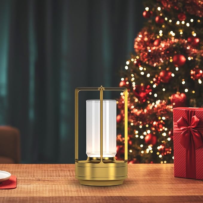 HAPYGI Portable Metal Table Lamp for Indoor/Outdoor,Rechargeable Cordless LED Lamp, 3-Colour Infinitely Dimming Battery Powered Small Desk Lamp, Restaurant/Bedroom/Bar/Coffee/Camping Light (Gold)