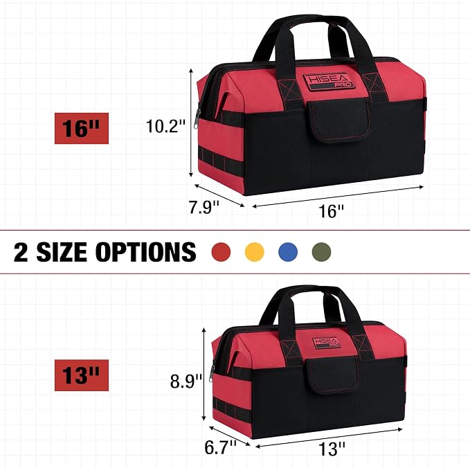HISEA 3 Pack Heavy Duty Tool Bag with Storage Pockets, 13-Inch Tools Organizer Tote with Wide Base, Waterproof Durable Tool Bags with Zipper for Electrician, Tradesman (Red)