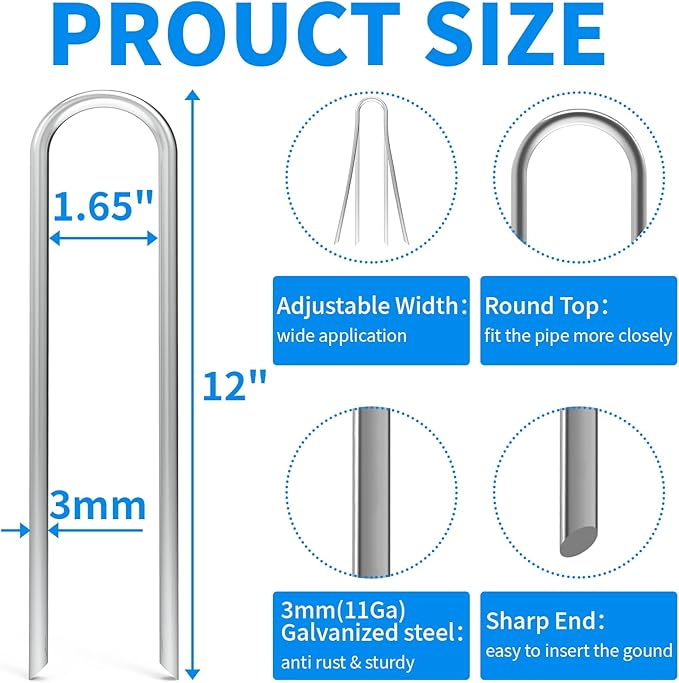 MySit 12 Inch 100 Pack Heavy Duty U Shaped Garden Stakes, 11 Gauge Galvanized Fence Stakes Landscape Staples Metal Yard Stakes for Ground, Drip Hose, Inflatables, Outdoor Decorations