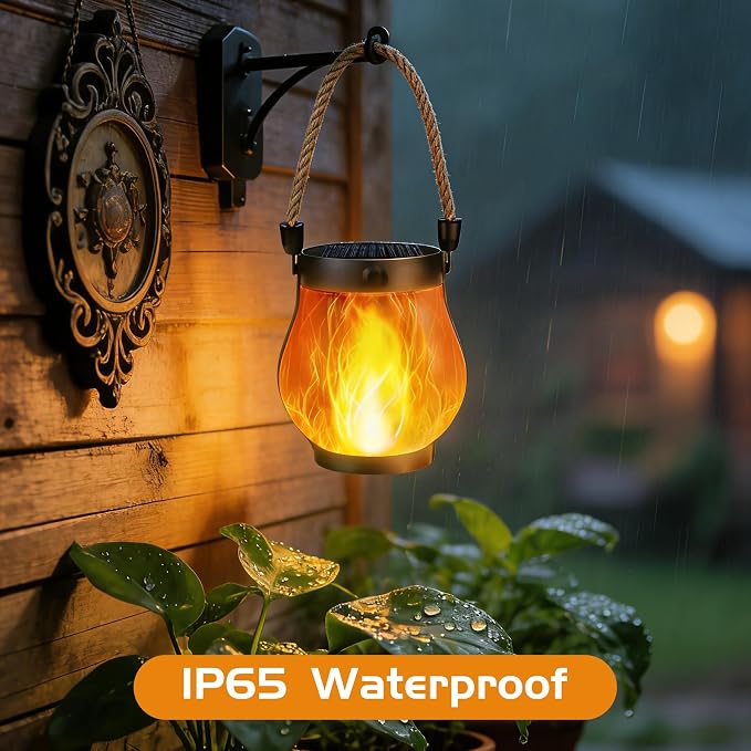 2 Pack Solar Lanterns Outdoor Waterproof, Flickering Flame Hanging Lanterns Decorative Outdoor with 2 Modes, Dual Charging USB & Solar-Powered Outdoors Lantern for Porch Yard Patio Tree Garden Decor
