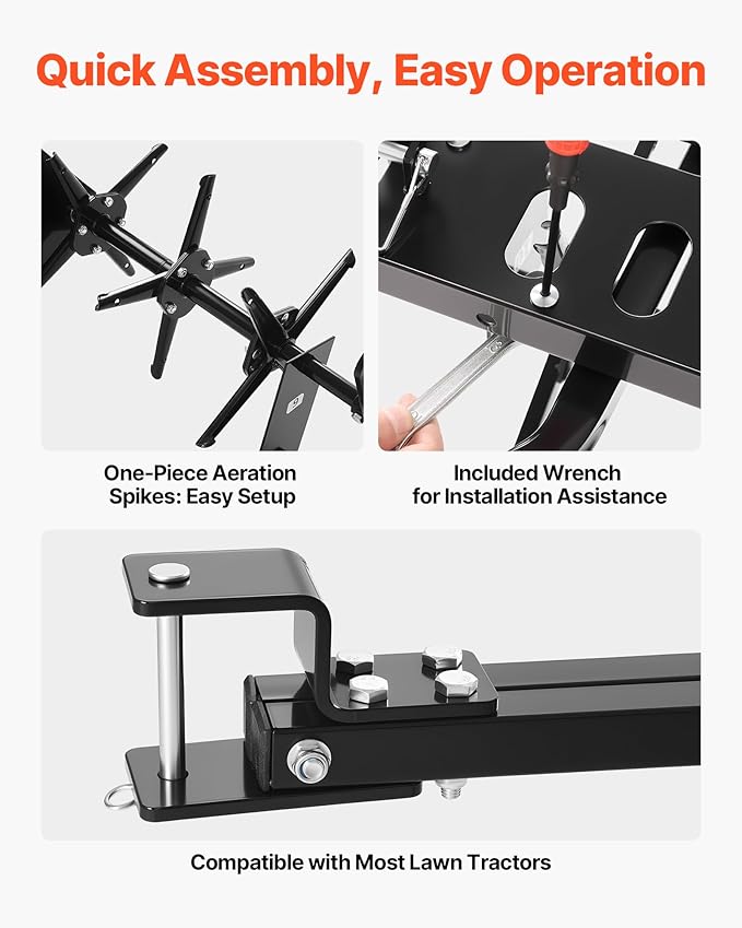 VEVOR Tow Behind Plug Aerator, 40 in Lawn Core Aerator Tool Universal Hitch, 120lbs Weight Capacity, Heavy Duty & Rust-Resistant, Pull Behind Spike Aerators with Tray for Farmland & Garden Tractors