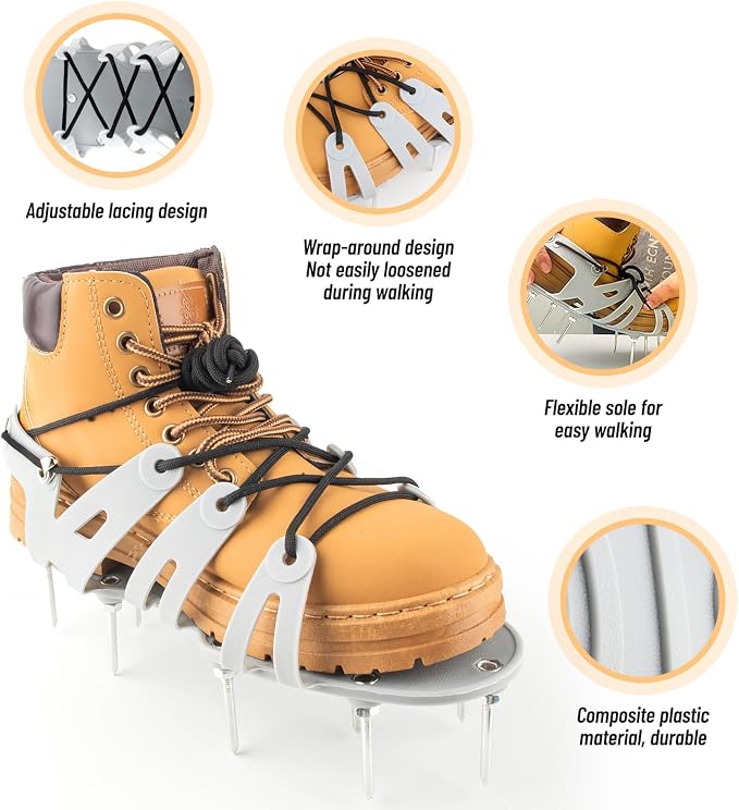 Lawn Aerator Shoes - Wrap Around Lacing Design Spiked Shoes for Lawn Aerator, Flexible Bendable Sole Walk Freely One Size Fits All, Grass Aeration Spikes Tools