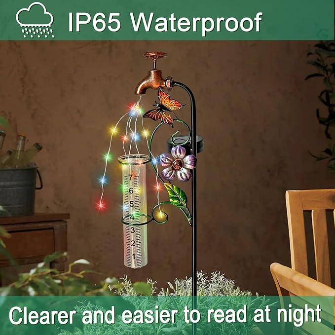 Rain Gauge Outdoor, Decorative Rain Gauge Garden Stake with Butterfly and Flower Design, Copper Faucet Style, Metal Garden Decor for Yard,Garden,Lawn, Pathway, 7" Glass Tube