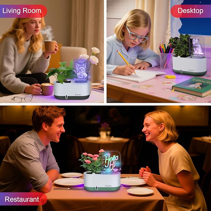 Self-Watering Planter with LED Note Board & 7 Colors Pen Acrylic Message Board with Light Acrylic Dry Erase Board, Led Cat Board Night Light with Planting Pot for Children's Day Gifts(No Plant&Seed)
