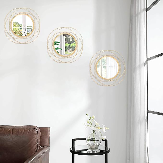 Gold 3 Set Circle Mirrors Wall Decor Wire Metal Mirror Round Mirror Home Decor Hanging Mirror for Room Bedroom Bathroom Entryway 12''