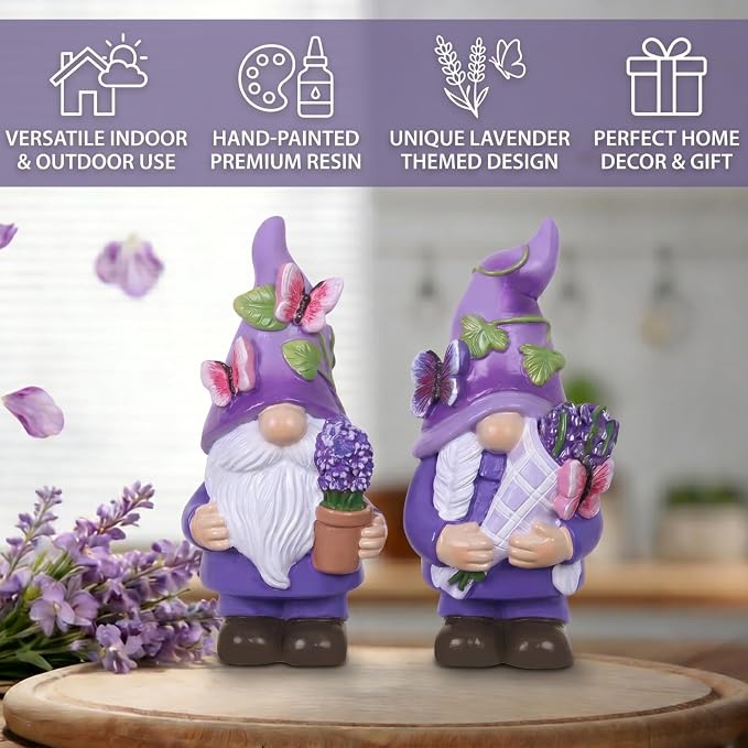 MEETYAMOR Lavender Gnomes Figurines, Set of 2 Purple Resin Gnomes with Butterfly Lavender for Spring Decor, Summer Gnome Garden Decor for Home Indoor Outdoor Table Mantle Decorations