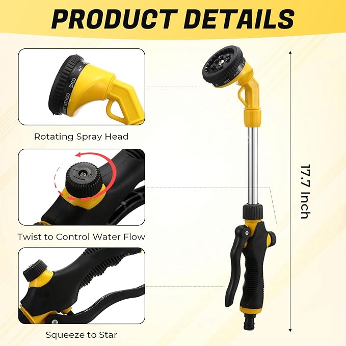 Hushee 2 Pack Garden Hose Watering Wand, 17.7 Inch Metal Watering Wand with 10 Spray Patterns and Shut Off Valve, Hose Sprayer Nozzle for Hanging Baskets Shrubs Plants Garden Lawn(Yellow)