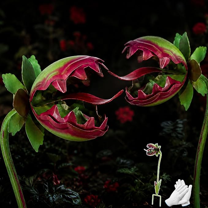 Funny Metal Carnivorous Plant Garden Stake, 25" Large Venus Flytrap Sculpture, Whimsical Outdoor Yard Art for Lawn Patio Planters, Unique Weather-Resistant Garden Decor Gift (Monster Flower 2pcs)