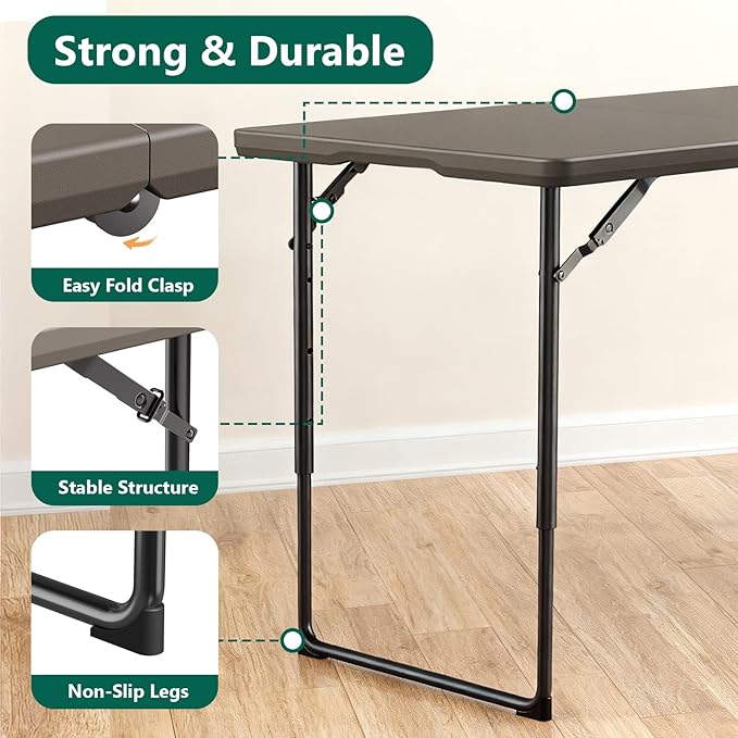 Folding Table, 4FT Foldable Picnic Table with Carrying Handle, Heavy Duty Fold-in-Half Portable Table for Weddings, Camping, RV Travel, Parties, BBQs, and Indoor Use, Easy to Fold and Store, Khaki