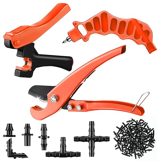 Feekoon Irrigation Drip Tools with Barbed Connectors, 2-in-1 Drip System Punch Tool for 1/4" Fitting, 16 20 25mm PE Pipe & Emitter; Ideal for Garden & DIY Watering System(Orange,230 Irrigation Plugs)