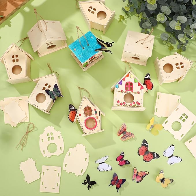Sawysine 107 Pcs DIY Birdhouse Kits for Kids Ages 5-8 8-12, 48 Wooden Bird House Kits in 6 Shapes and 57 Butterfly Sticker for Children Spring Craft Activity Art DIY Project(Lovely Style)