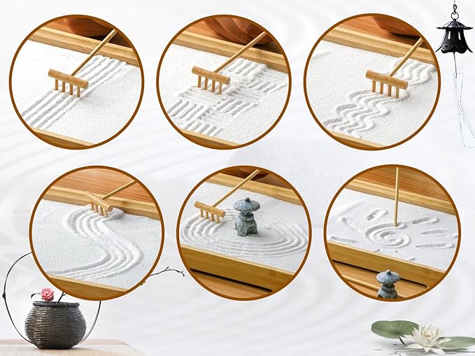 Zen Garden Mini Bamboon Rake - 6PCS Tabletop Rock Sand Garden Tools Accessories Small Sandbox Kits Japanese Zen Gift for Birthday