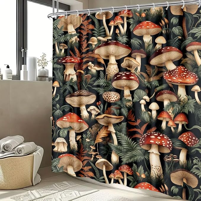 Retro Boho Mushroom Shower Curtain, Vintage Bohemian Witchy Dark Floral Botanical Bath Shower Curtain Set with 12 Hooks, Fairy Nature Plant Botanical Abstract Shower Curtain Bathroom 72"X72" Black