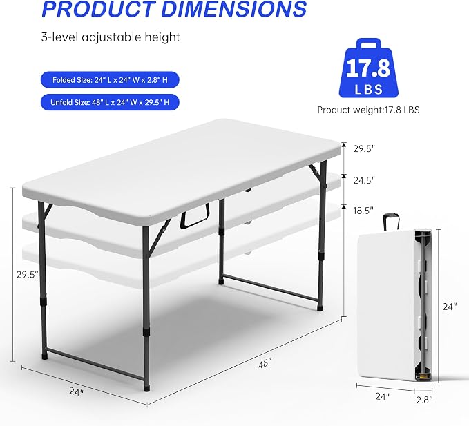 VSOAEIL Folding Table 4 Foot for Indoor Outdoor, Portable Heavy Duty Fold-in-Half Utility Small Plastic Adjustable Height Folding with Carrying Handle for Picnic and Party, White