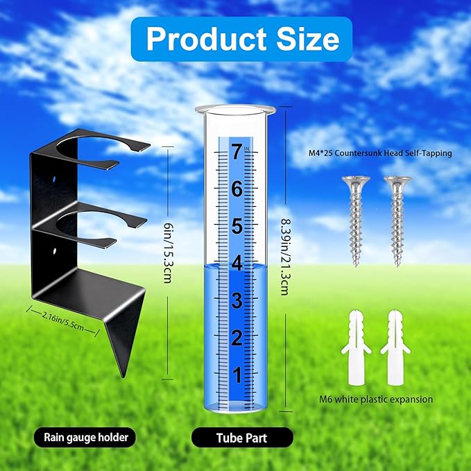Rain Gauge Outdoor, 7" Capacity Rain Gauge Outdoors Best Rated with Stainless Steel Mounting Rack Holder, Freeze Proof Plastic Large Rain Gauge for Yard Garden Fence Lawn Patio Farm