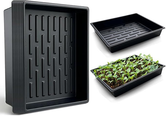 RooTrimmer Seed Starter Tray, 10 Packs Plant Tray, Durable Plastic Growing Trays, Stackable Seedling Starter Trays Perfect for Indoor, Outdoor, Greenhouses, 16.5" L x 13.2" W x 2.8" H - Black