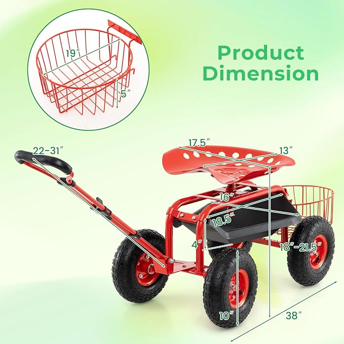 Garden Seat with Wheels, Rolling Stool with Extendable Handle, Storage Basket & Tool Tray, Garden Scooter with 360 Degree Swivel Seat for Outdoor & Yard (Red)